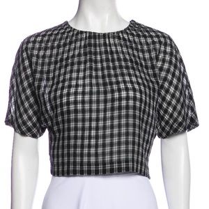 Diane von Furstenberg short sleeve plaid print Crop Top crew neck in black